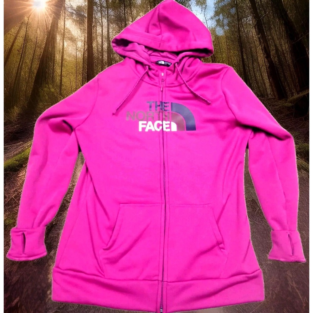 The North Face Full Zip Hoodie Womens Large Pink Excellent Thumbhole Fleece Logo